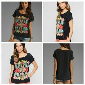 Ella Moss Tropadelic Shirt 100% Silk Black Blouse